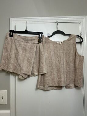 Beige Snake-Print, Asymmetrical Skort and Matching Tank Top Set
